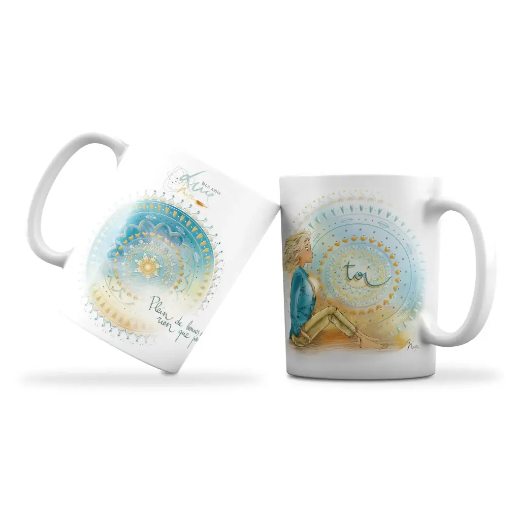 Mug 969 en céramique MAT - émail blanc 250 ml Mon Amie Luce  "Plein de bonnes ondes rien que pour toi"