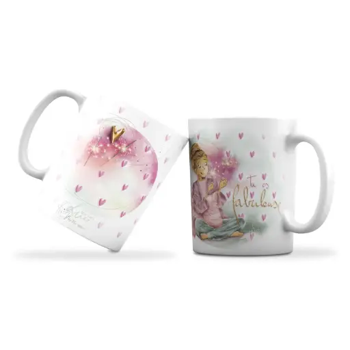 [MUG 965] Mug 965 en céramique Brillant - émail blanc 250 ml Mon Amie Luce  "Tu es fabuleuse" coeurs