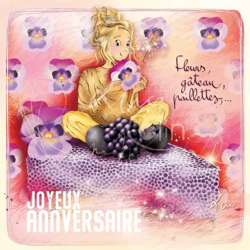 [CS 1237] CS 1237 - Carte Mon Amie Luce "Fleurs, gâteau, paillettes, joyeux anniversaire"